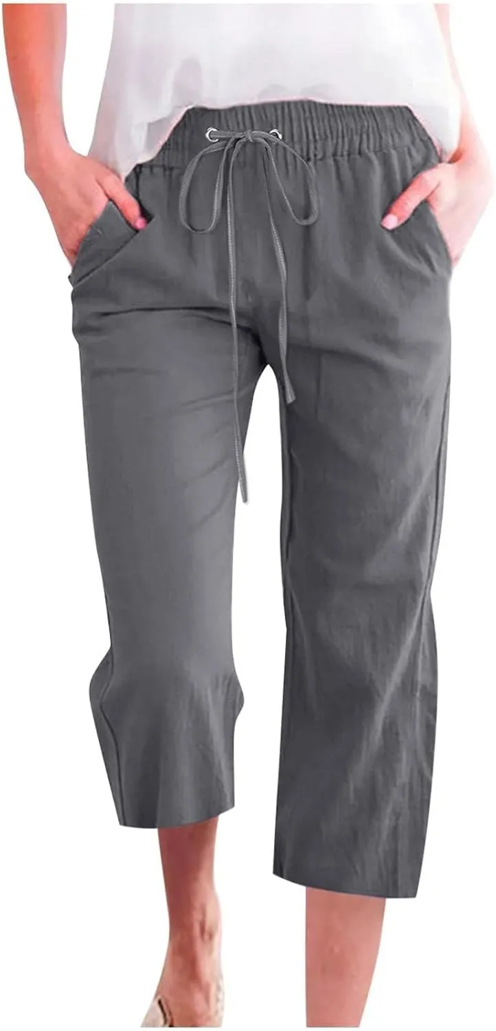 Linen Capri Pants for Women High Waisted Beach Pants Pull on Summer Pants Drawstring Loose Casual Pants with Pockets
