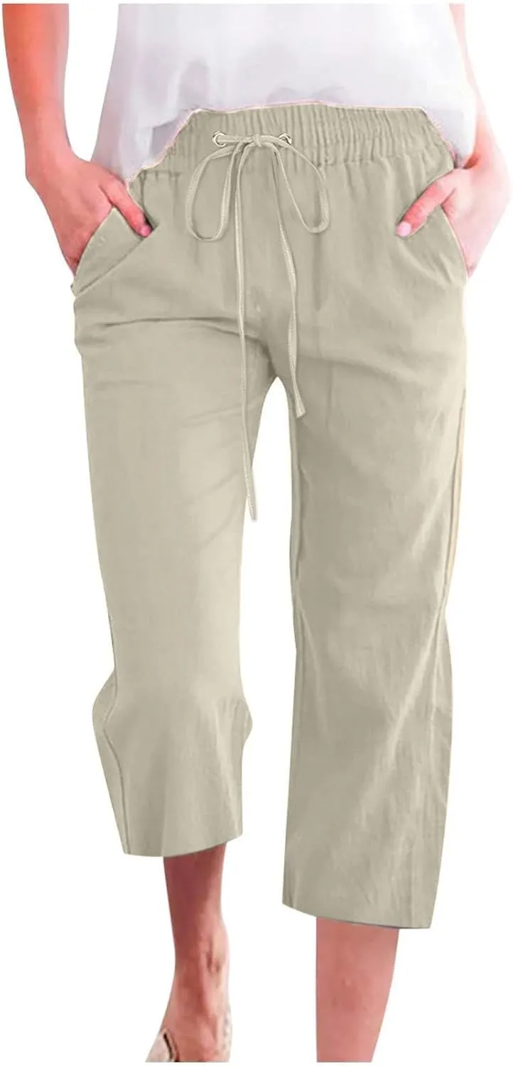 Linen Capri Pants for Women High Waisted Beach Pants Pull on Summer Pants Drawstring Loose Casual Pants with Pockets