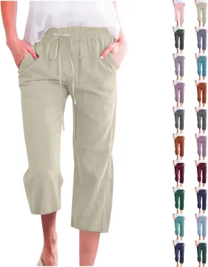 Linen Capri Pants for Women High Waisted Beach Pants Pull on Summer Pants Drawstring Loose Casual Pants with Pockets