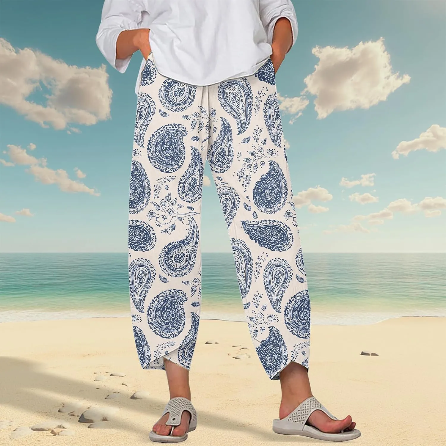 Linen Pants for Women Summer Casual Wide Leg Capri Pants Loose Fit Palazzo Pants Cropped Beach Pants with Pockets