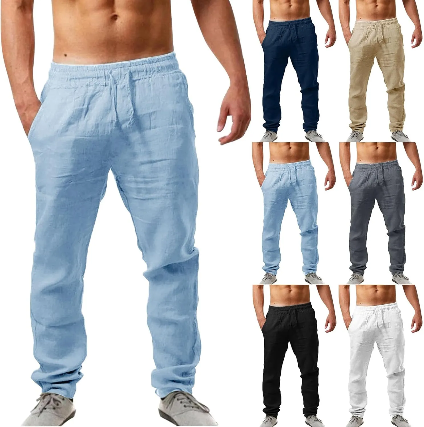 Linen Pants Men Casual Pants Loose Fit Trousers Elastic Waist Lightweight Pants Summer Yoga Beach Long Pants with Pockets
