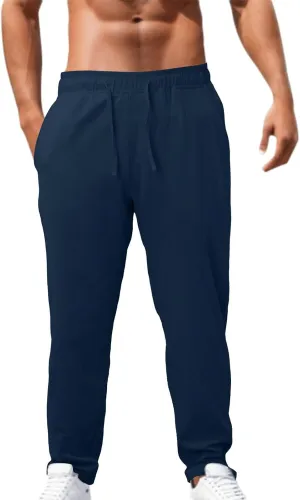 Linen Pants Men Casual Pants Loose Fit Trousers Elastic Waist Lightweight Pants Summer Yoga Beach Long Pants with Pockets