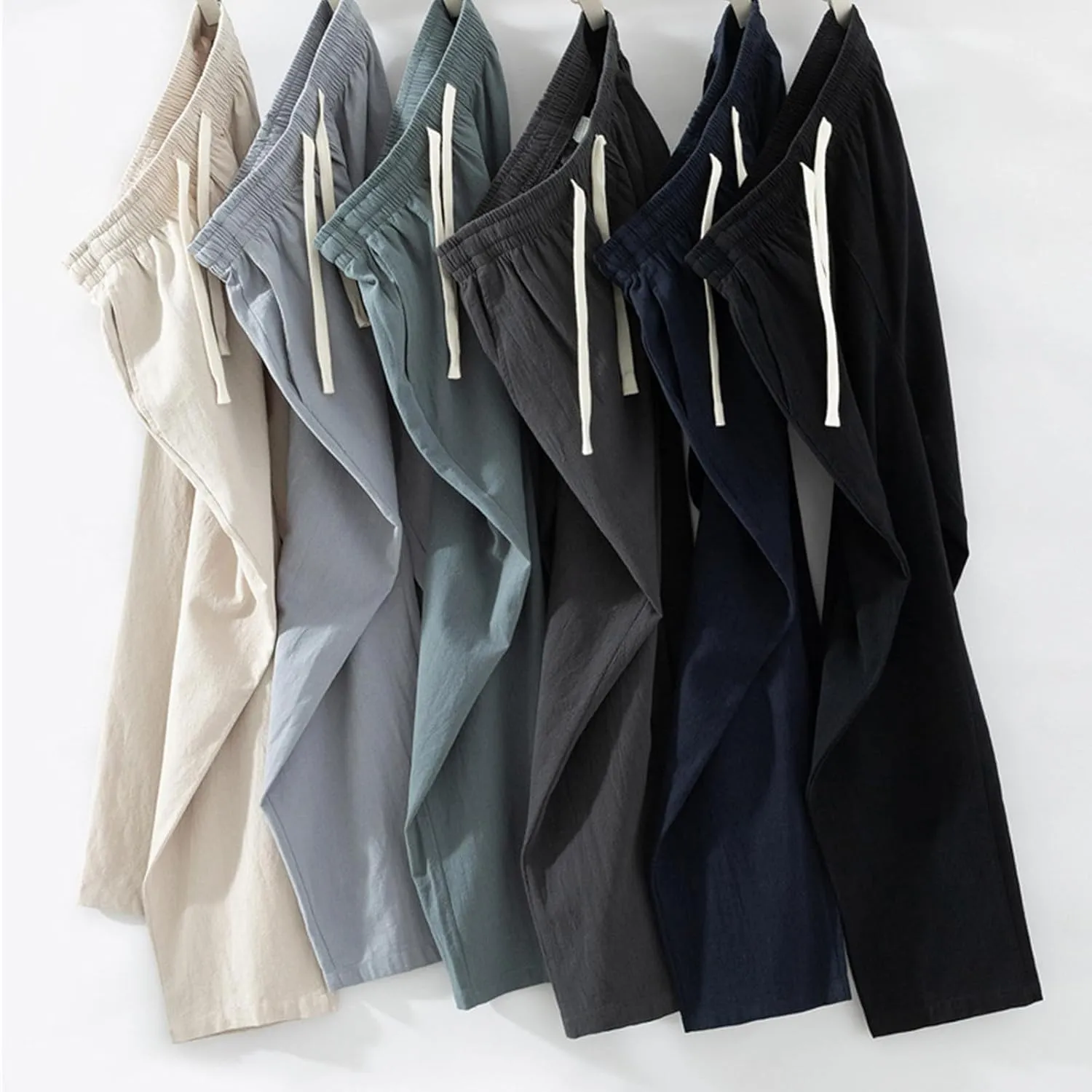 Linen Pants Men Casual Pants Loose Fit Trousers Elastic Waist Lightweight Pants Summer Yoga Beach Long Pants with Pockets