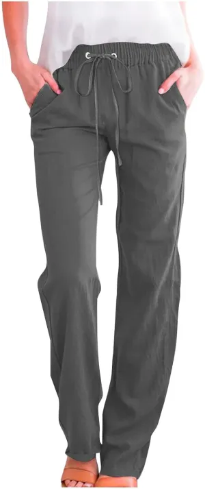 Linen Pants Women Casual Straight Leg Pants High Waisted Drawstring Pants Summer Beach Pants Loose Fit Trousers