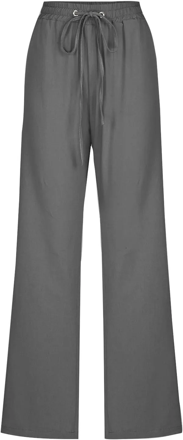Linen Pants Women Casual Straight Leg Pants High Waisted Drawstring Pants Summer Beach Pants Loose Fit Trousers