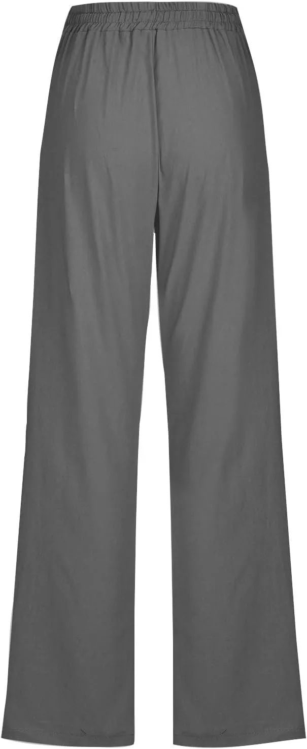 Linen Pants Women Casual Straight Leg Pants High Waisted Drawstring Pants Summer Beach Pants Loose Fit Trousers