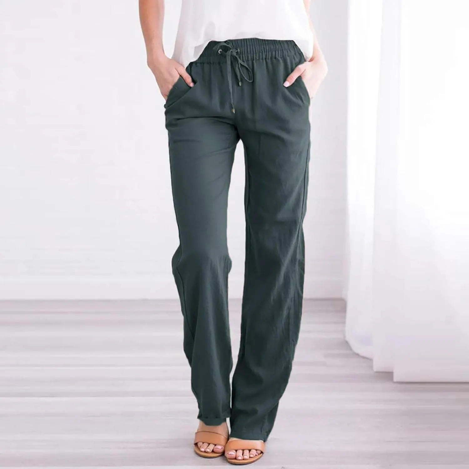 Linen Pants Women Long Linen Pants for Women White Linen Pants Women Wide Leg Pants Woman Elastic Drastring Trousers