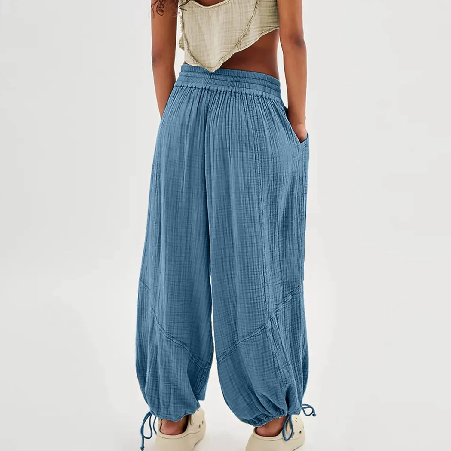 Linen Pants Women White Linen Pants Women Summer Baggy Pants 2024 Wide Leg Pants Woman Drastring Trousers with Pocket