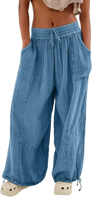Linen Pants Women White Linen Pants Women Summer Baggy Pants 2024 Wide Leg Pants Woman Drastring Trousers with Pocket