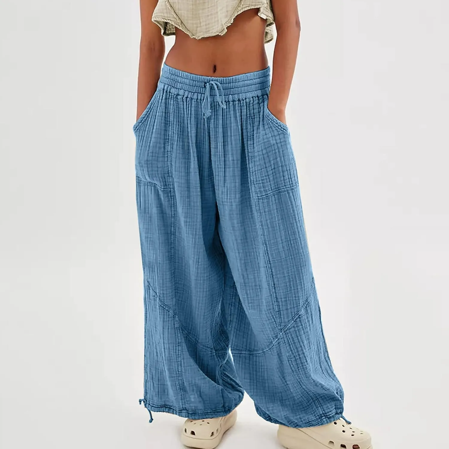 Linen Pants Women White Linen Pants Women Summer Baggy Pants 2024 Wide Leg Pants Woman Drastring Trousers with Pocket