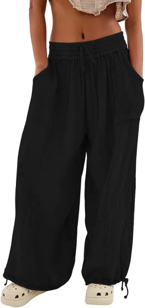 Linen Pants Women White Linen Pants Women Summer Baggy Pants 2024 Wide Leg Pants Woman Drastring Trousers with Pocket