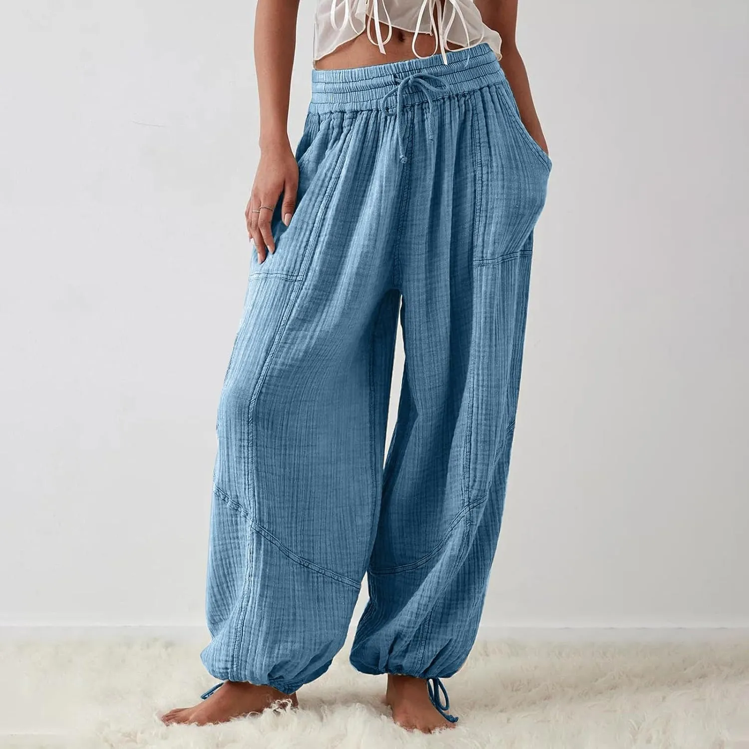 Linen Pants Women White Linen Pants Women Summer Baggy Pants 2024 Wide Leg Pants Woman Drastring Trousers with Pocket