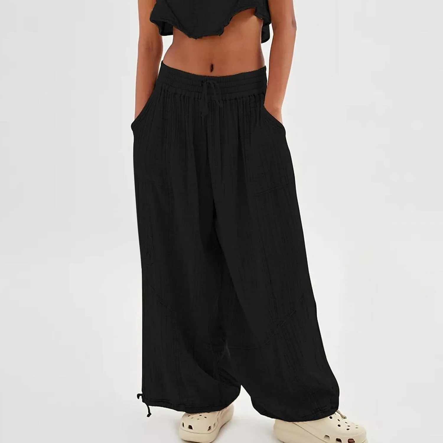Linen Pants Women White Linen Pants Women Summer Baggy Pants 2024 Wide Leg Pants Woman Drastring Trousers with Pocket