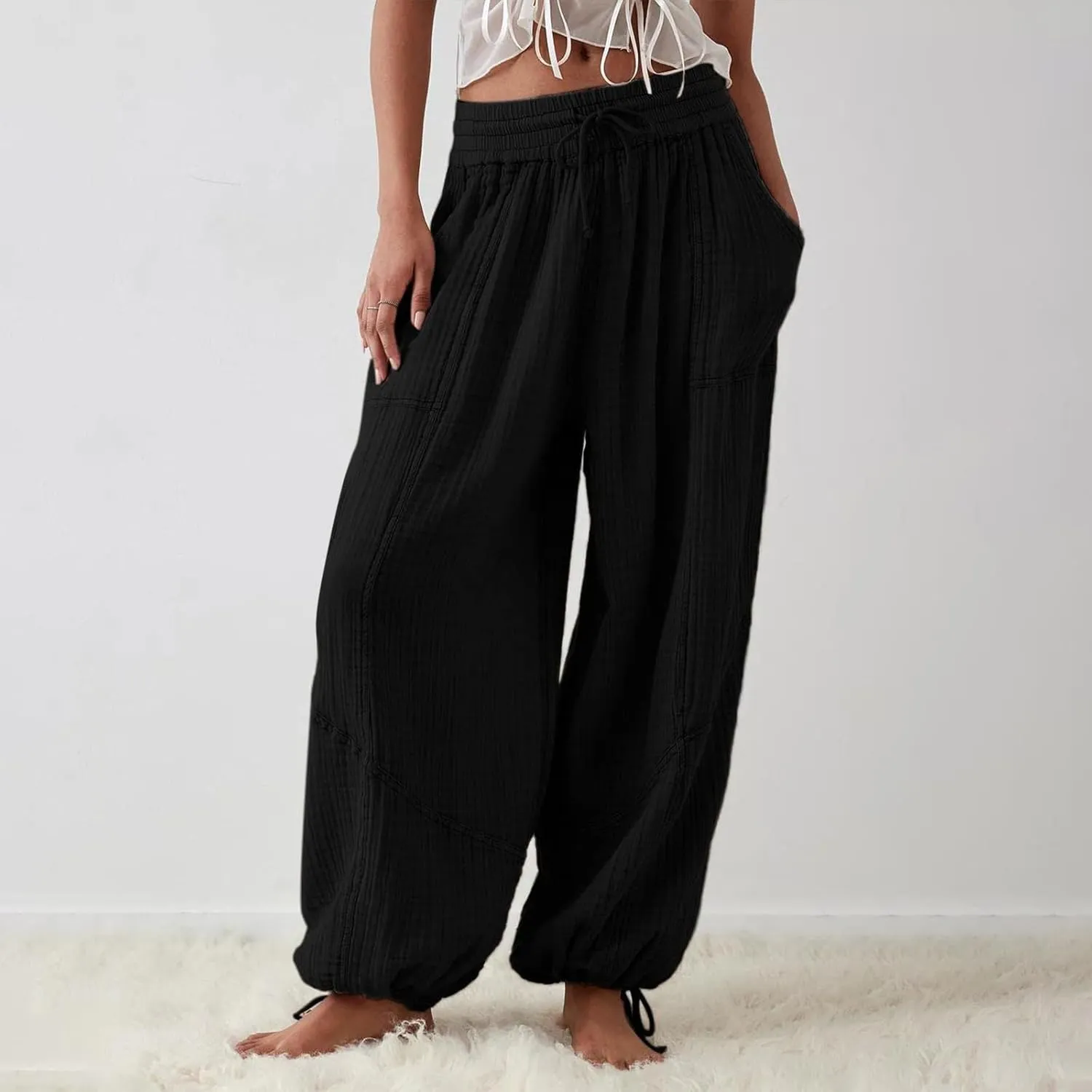 Linen Pants Women White Linen Pants Women Summer Baggy Pants 2024 Wide Leg Pants Woman Drastring Trousers with Pocket