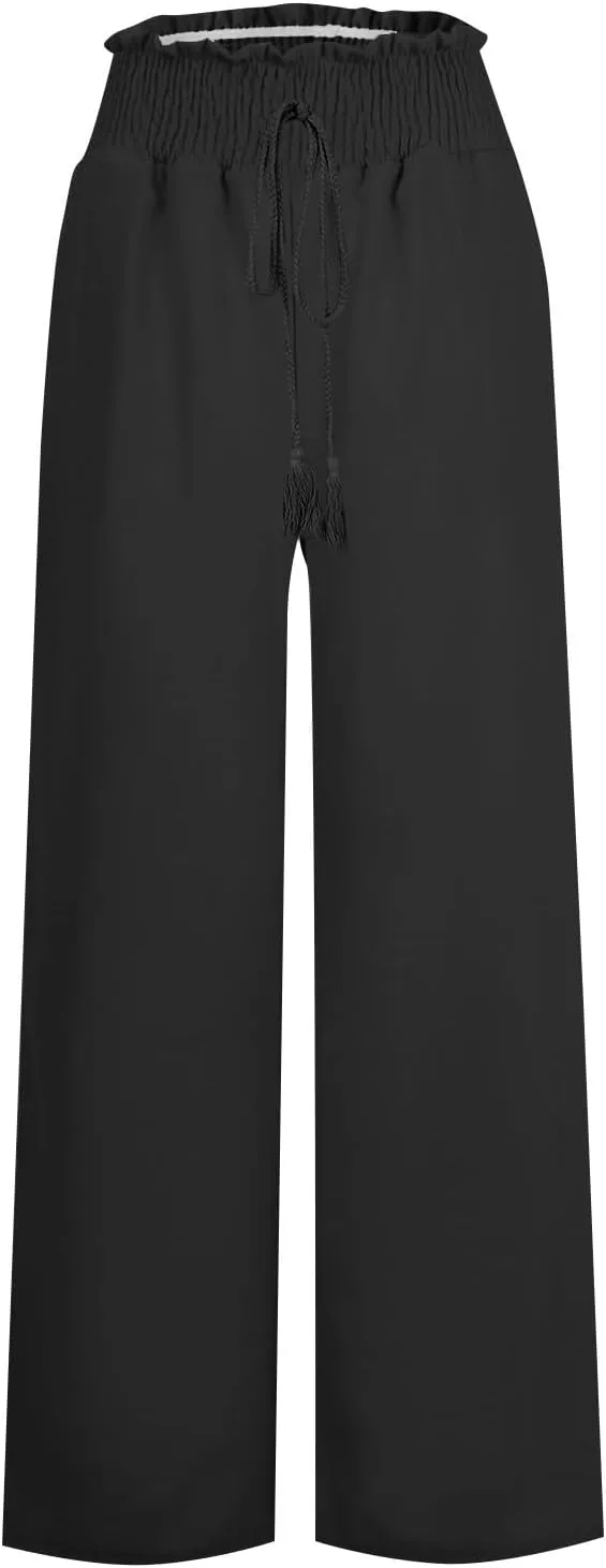 Linen Pants Women Wide Leg High Waist Palazzo Pants Summer Beach Flowy Pants Casual Lounge Pants Elastic Waist Trousers