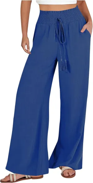 Linen Pants Women Wide Leg High Waist Palazzo Pants Summer Beach Flowy Pants Casual Lounge Pants Elastic Waist Trousers