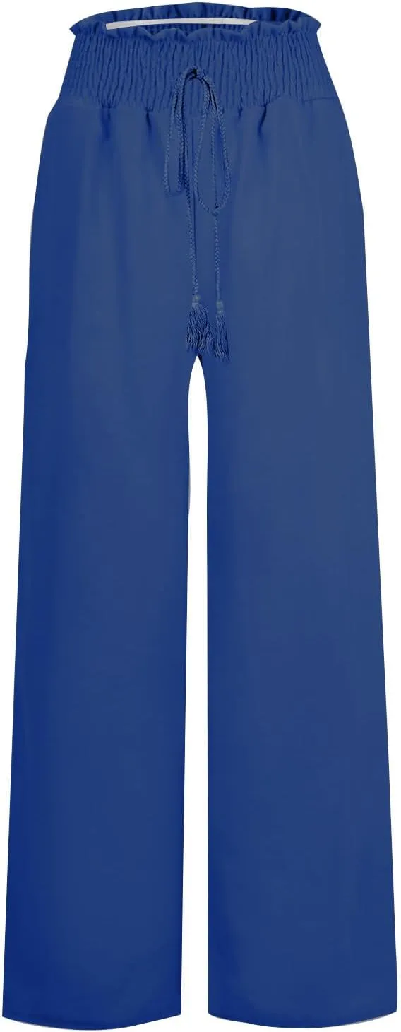 Linen Pants Women Wide Leg High Waist Palazzo Pants Summer Beach Flowy Pants Casual Lounge Pants Elastic Waist Trousers