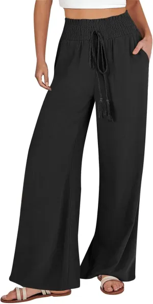 Linen Pants Women Wide Leg High Waist Palazzo Pants Summer Beach Flowy Pants Casual Lounge Pants Elastic Waist Trousers