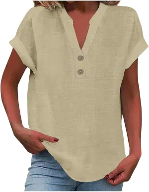 Linen Tops for Women Oversized Crewneck Summer Short Sleeve Linen Tee Shirts Buttons Casual Comfy Tunics Top