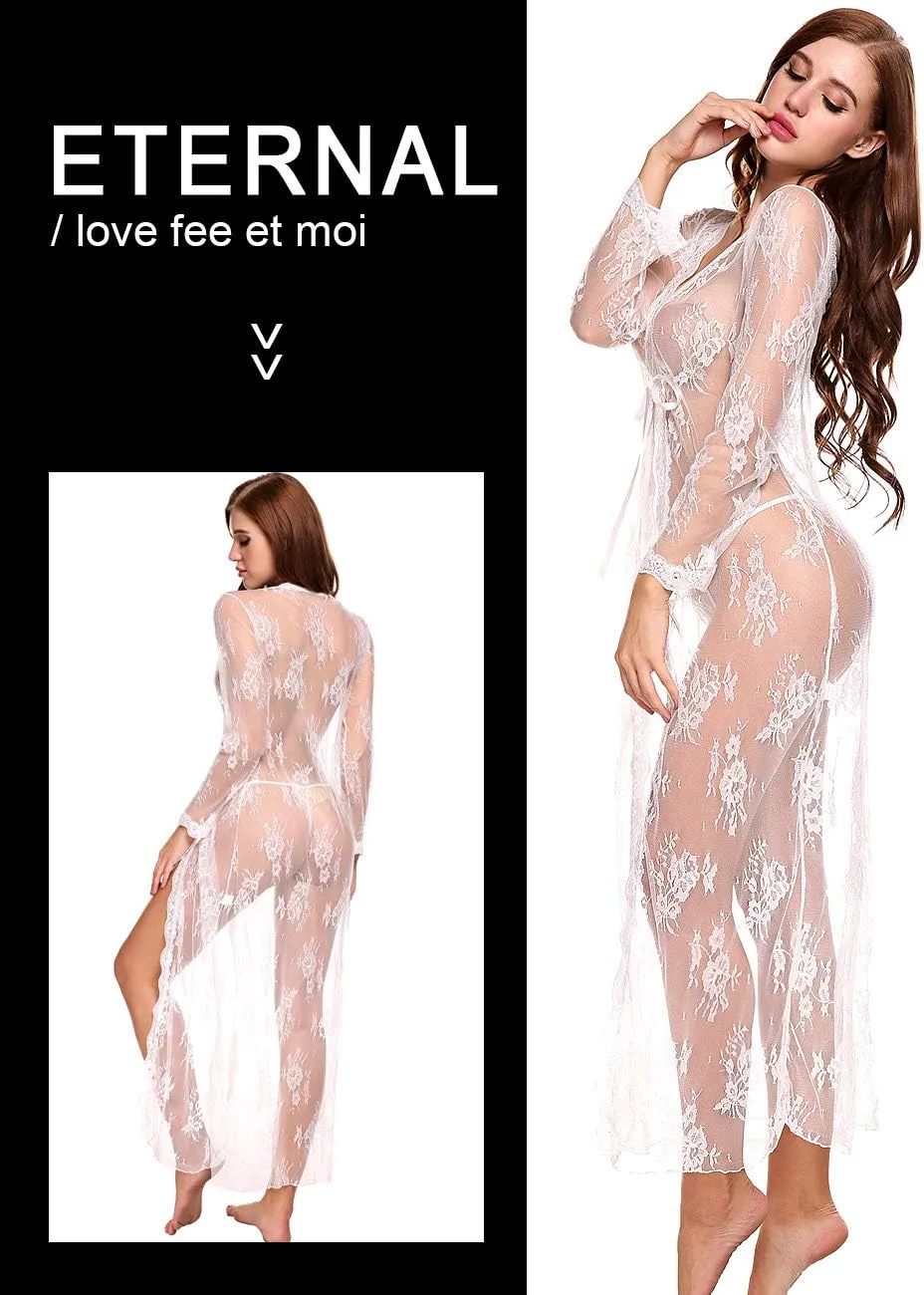 Lingerie for Women Sexy Long Lace Dress Sheer Gown See Through Kimono Robe
