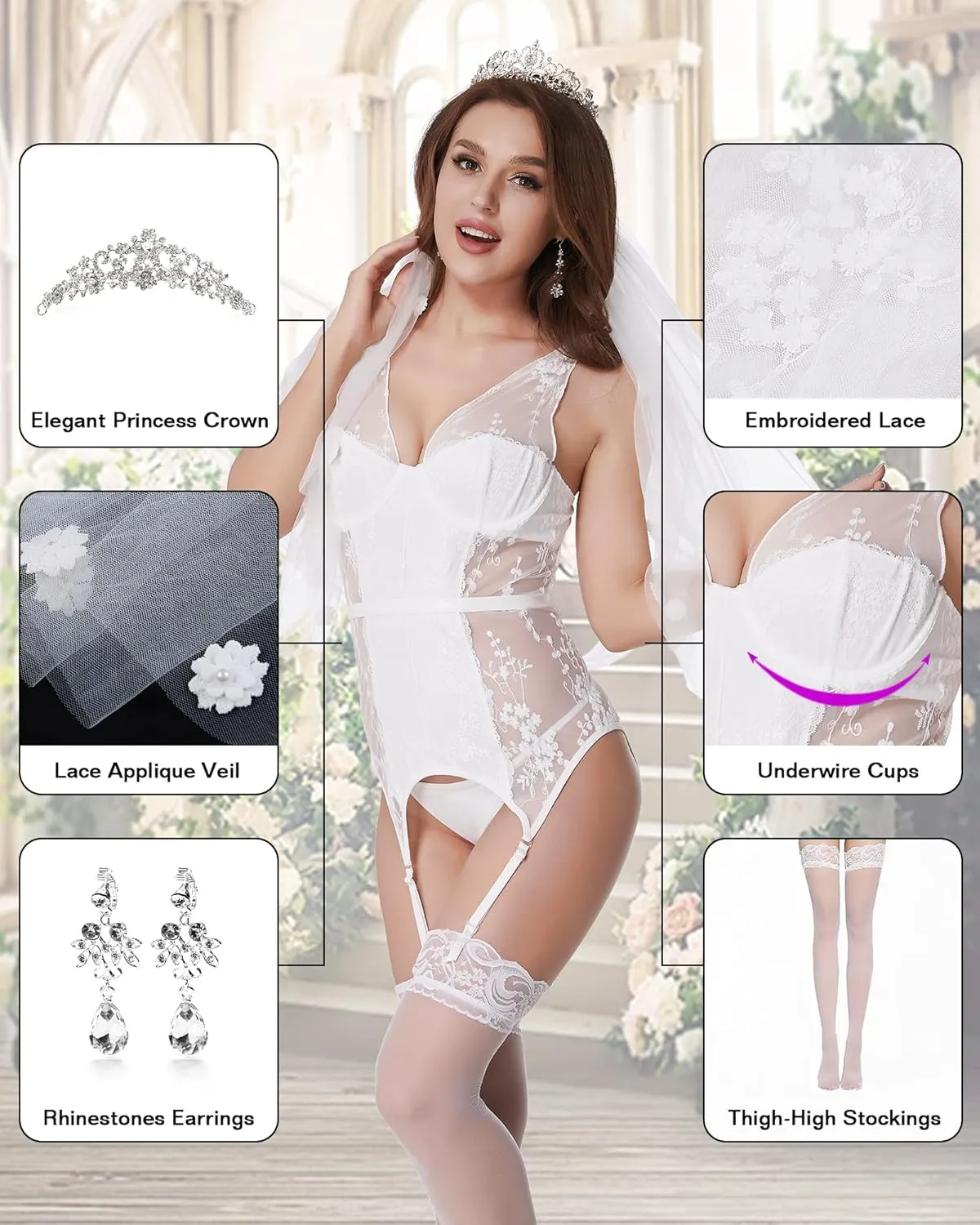 LINGERLOVE Women Sexy Bridal Lingerie Set Affordable Luxury Lace Bodysuit Underwire Teddy for Wedding Night Honeymoon