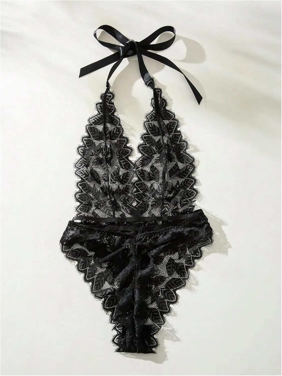 MakeMeChic Women's Lace Sheer Halter Deep V Neck Exotic Teddy Lingerie Bodysuit