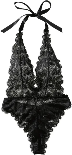 MakeMeChic Women's Lace Sheer Halter Deep V Neck Exotic Teddy Lingerie Bodysuit