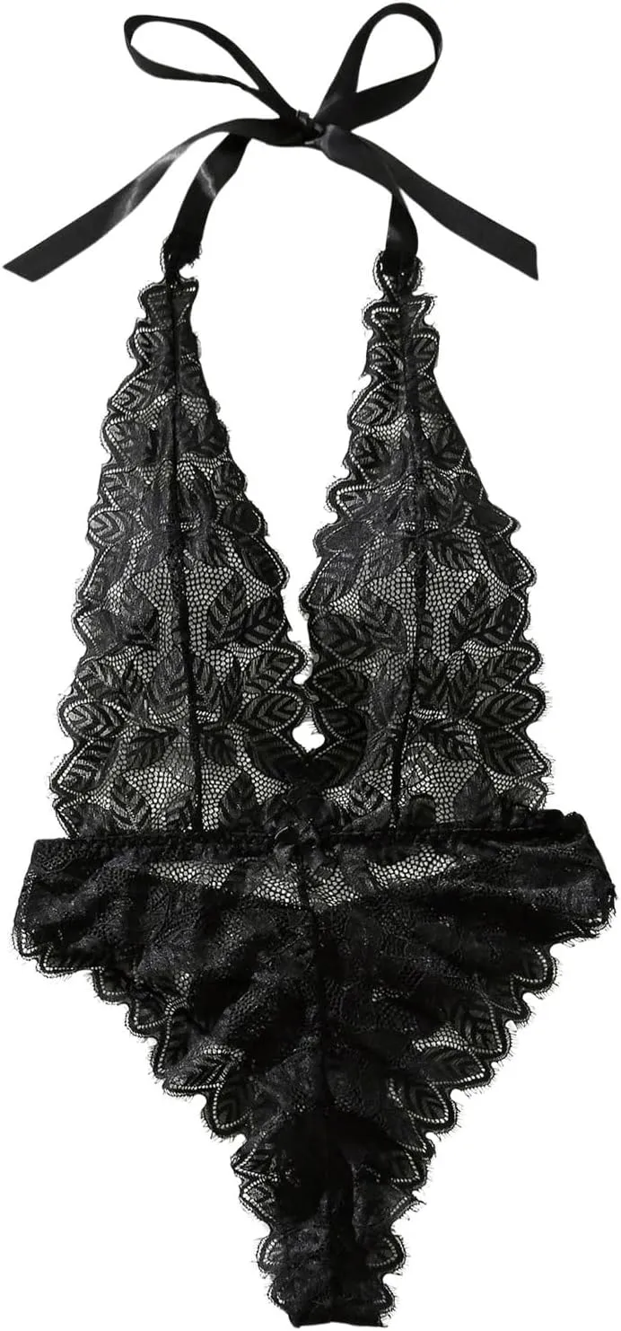 MakeMeChic Women's Lace Sheer Halter Deep V Neck Exotic Teddy Lingerie Bodysuit
