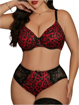 MakeMeChic Women's Plus Size 2 Piece Lingerie Set Leopard Print Floral Lace Bow Knot Bra and Panty Sets