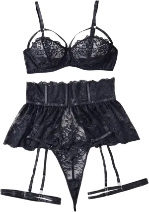 MakeMeChic Women's Plus Size 5 Piece Lingerie Sets Floral Lace Cut Out Bra and Skirt Set with Garter Belt