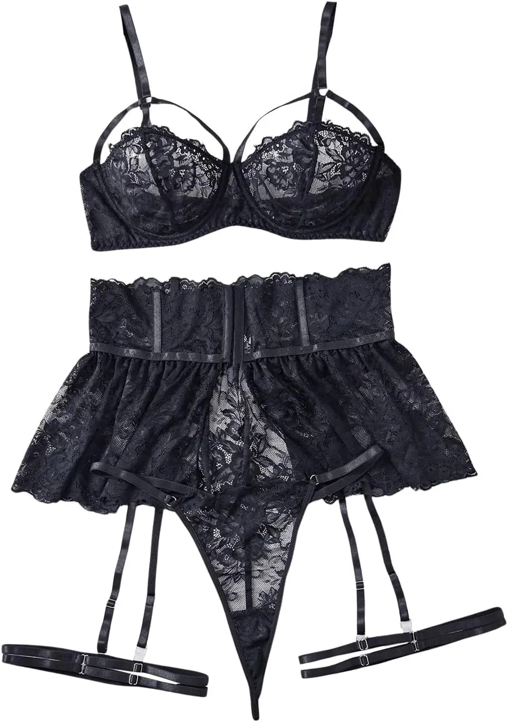 MakeMeChic Women's Plus Size 5 Piece Lingerie Sets Floral Lace Cut Out Bra and Skirt Set with Garter Belt
