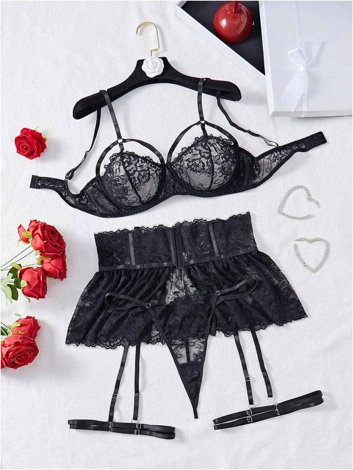 MakeMeChic Women's Plus Size 5 Piece Lingerie Sets Floral Lace Cut Out Bra and Skirt Set with Garter Belt