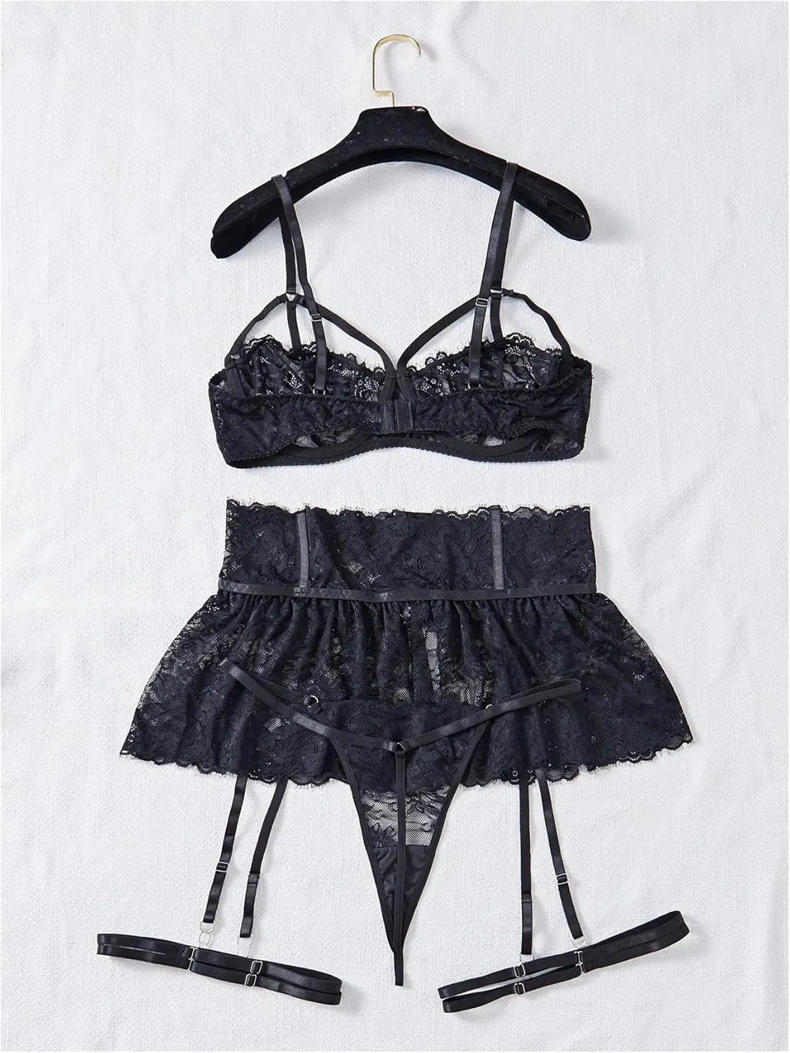 MakeMeChic Women's Plus Size 5 Piece Lingerie Sets Floral Lace Cut Out Bra and Skirt Set with Garter Belt
