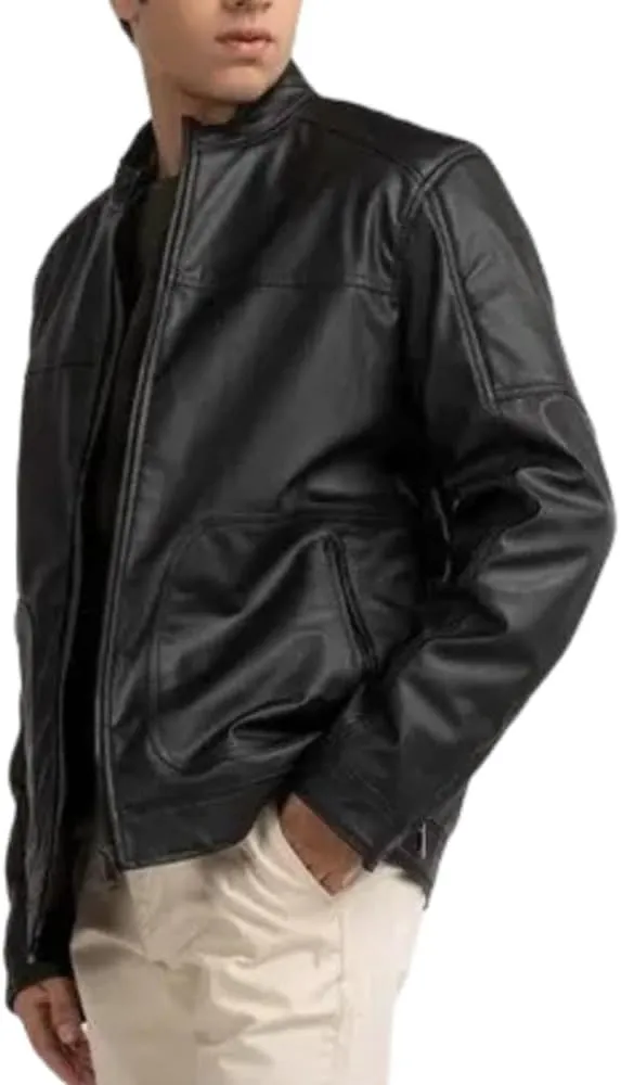 Men's Black Casual Genuine Real Sheepskin Leather Biker Moto Collar Rider SlimFIt Stylish Modern Classic Rider Jacket