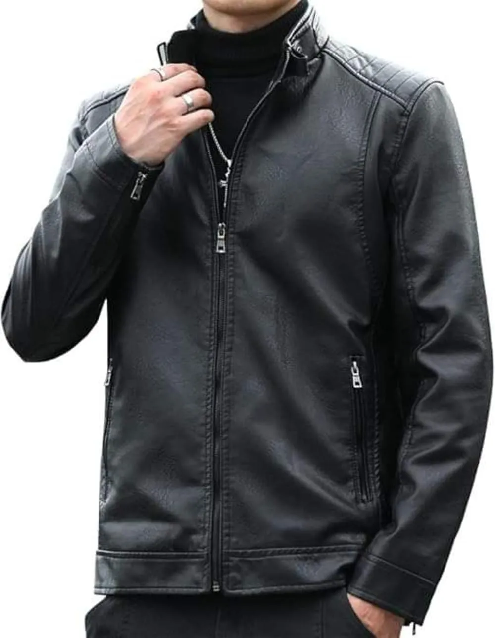 Men's Black Casual SlimFit Smart Modern Genuine Sheepskin Leather Biker Moto Quilted Shoulders ZipUp Rider Jacket