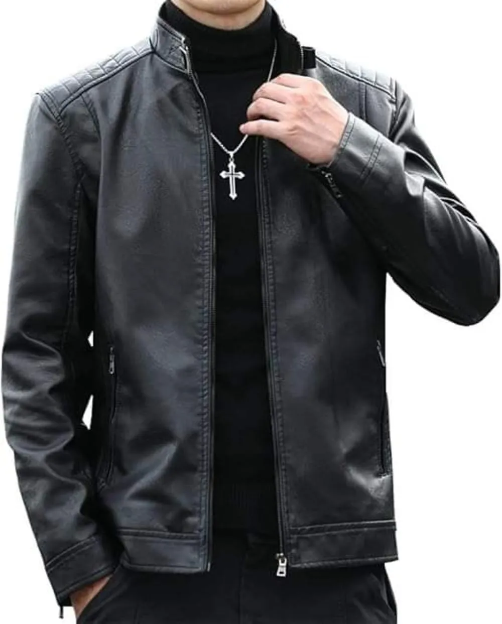 Men's Black Casual SlimFit Smart Modern Genuine Sheepskin Leather Biker Moto Quilted Shoulders ZipUp Rider Jacket