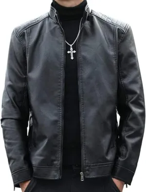 Men's Black Casual SlimFit Smart Modern Genuine Sheepskin Leather Biker Moto Quilted Shoulders ZipUp Rider Jacket