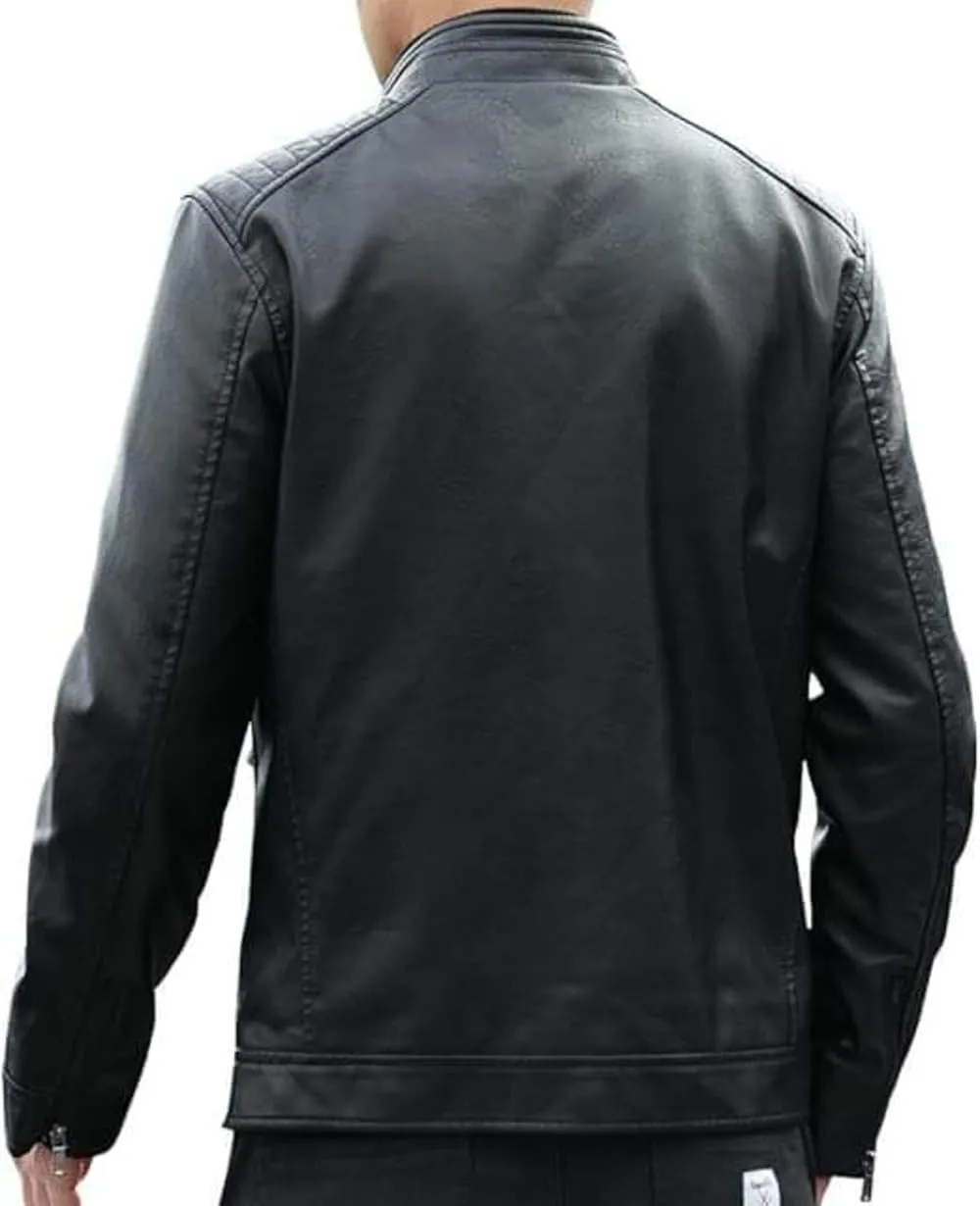Men's Black Casual SlimFit Smart Modern Genuine Sheepskin Leather Biker Moto Quilted Shoulders ZipUp Rider Jacket