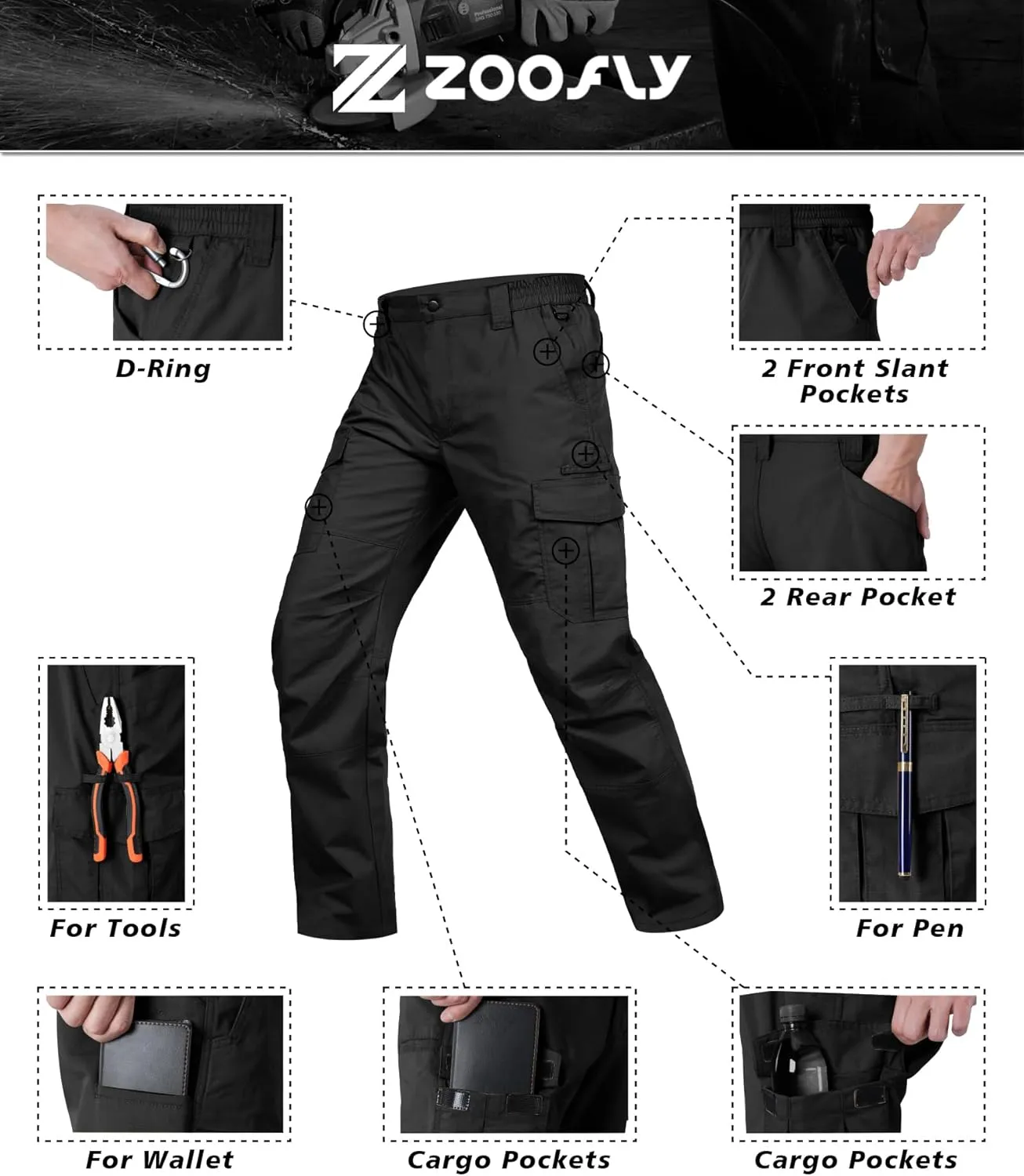Mens Cargo Pants Waterproof Hiking Pants for Men Ripstop Tactical Pants Multi Work Pants with 7 Pockets