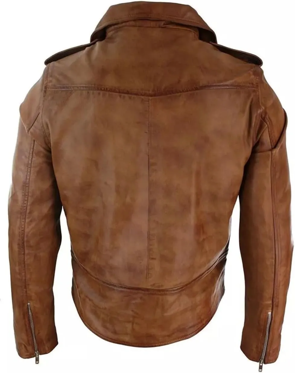 Men's Casual Genuine Real Sheepskin SlimFit Cross Zip Tan Brown Brando Motorcycle Biker Moto Cafe Racer Leather Jacket