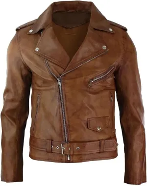 Men's Casual Genuine Real Sheepskin SlimFit Cross Zip Tan Brown Brando Motorcycle Biker Moto Cafe Racer Leather Jacket
