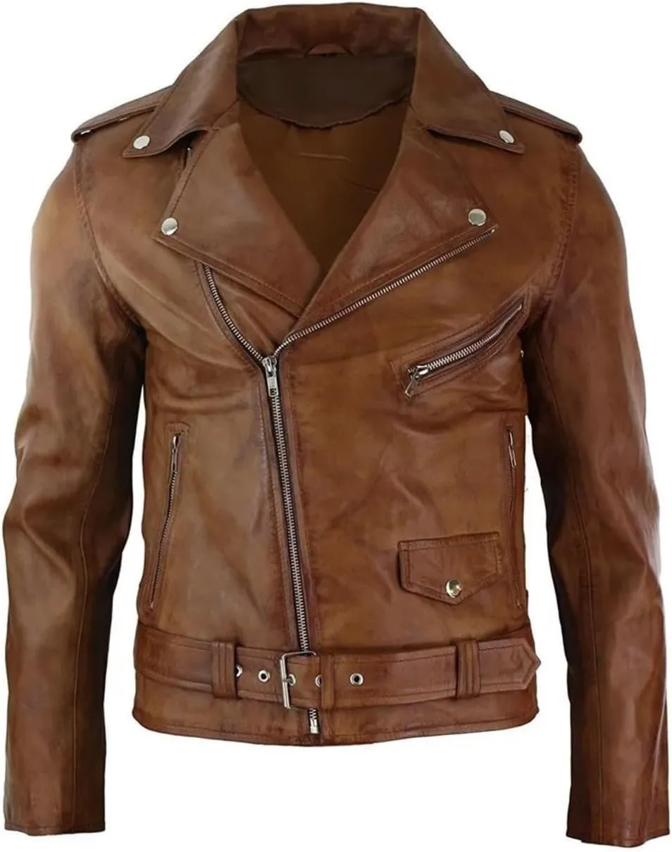 Men's Casual Genuine Real Sheepskin SlimFit Cross Zip Tan Brown Brando Motorcycle Biker Moto Cafe Racer Leather Jacket