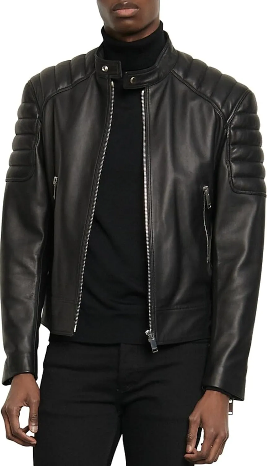 Men's Casual Genuine Sheepskin Leather Biker Retro Rider SlimFit Motorcycle Moto Jacket Quilted Shoulders Stand Collar