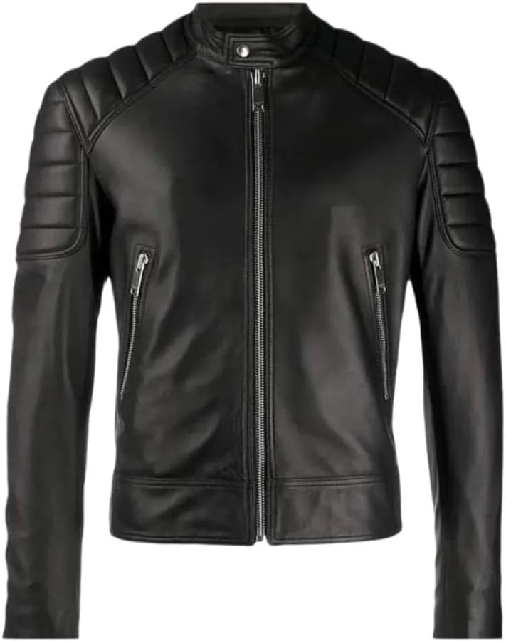 Men's Casual Genuine Sheepskin Leather Biker Retro Rider SlimFit Motorcycle Moto Jacket Quilted Shoulders Stand Collar