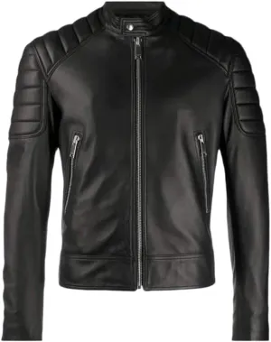 Men's Casual Genuine Sheepskin Leather Biker Retro Rider SlimFit Motorcycle Moto Jacket Quilted Shoulders Stand Collar