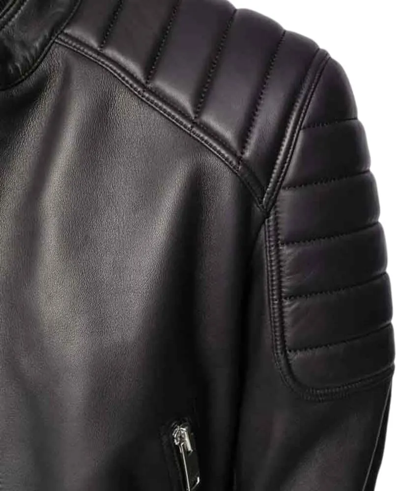 Men's Casual Genuine Sheepskin Leather Biker Retro Rider SlimFit Motorcycle Moto Jacket Quilted Shoulders Stand Collar