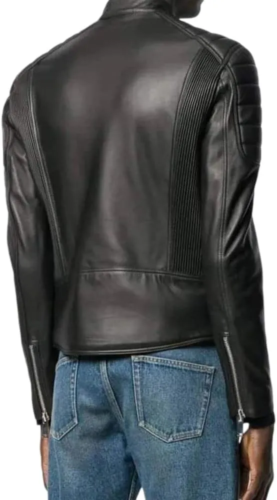 Men's Casual Genuine Sheepskin Leather Biker Retro Rider SlimFit Motorcycle Moto Jacket Quilted Shoulders Stand Collar