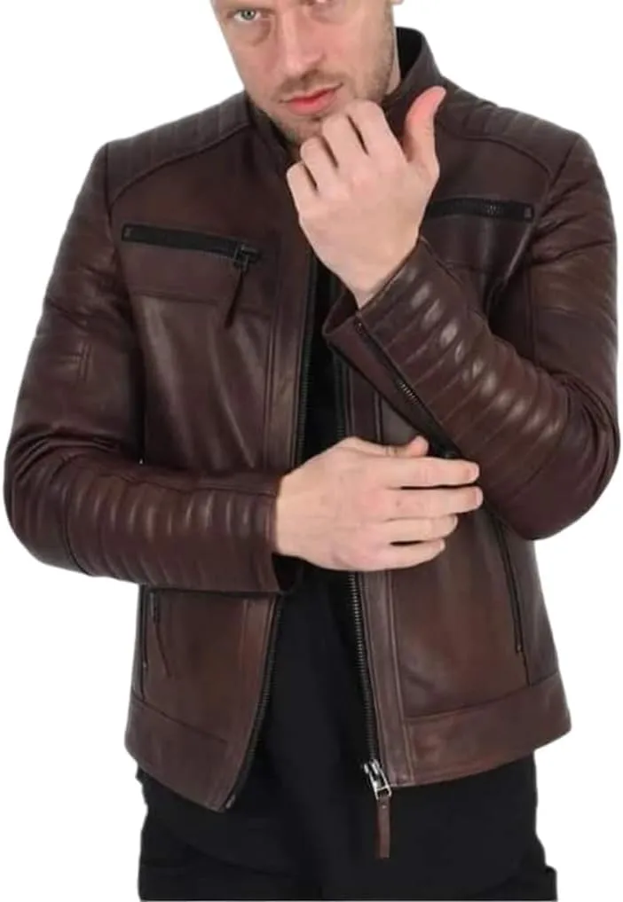 Men's Casual Modern SlimFit Retro Rider Genuine Sheepskin Leather Biker Motorcycle Moto Jacket with Stand Collar Brown