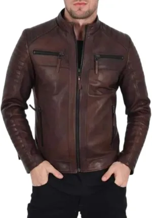 Men's Casual Modern SlimFit Retro Rider Genuine Sheepskin Leather Biker Motorcycle Moto Jacket with Stand Collar Brown