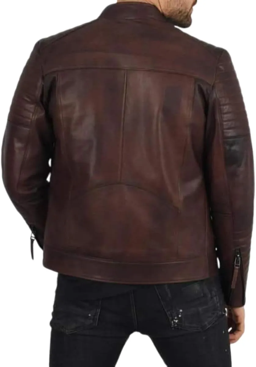 Men's Casual Modern SlimFit Retro Rider Genuine Sheepskin Leather Biker Motorcycle Moto Jacket with Stand Collar Brown